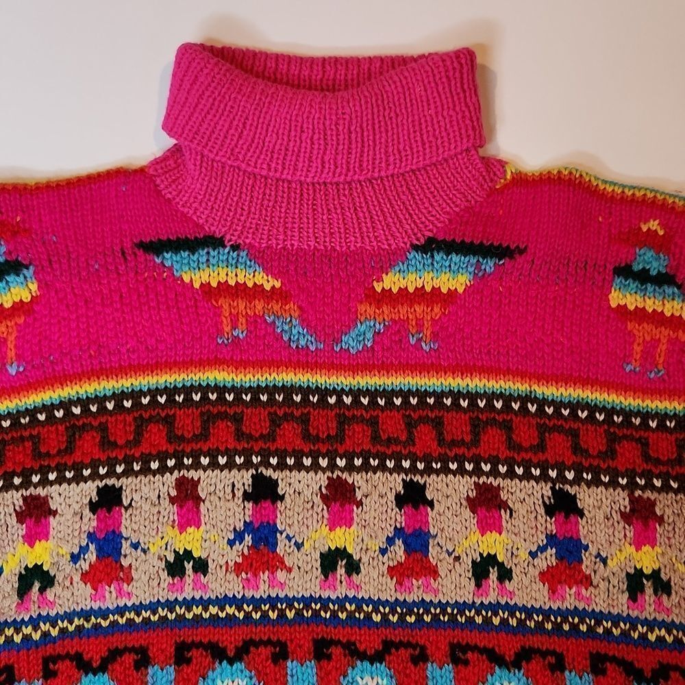 True Vintage Knit Alpaca Print Sweater Women’s M Bright Colorful Pattern Pullove - Picture 3 of 7